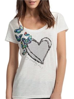 DESIGUAL Butterfly Heart Graphic Tee 3-D “ Say Something Nice “ Statement” TOP